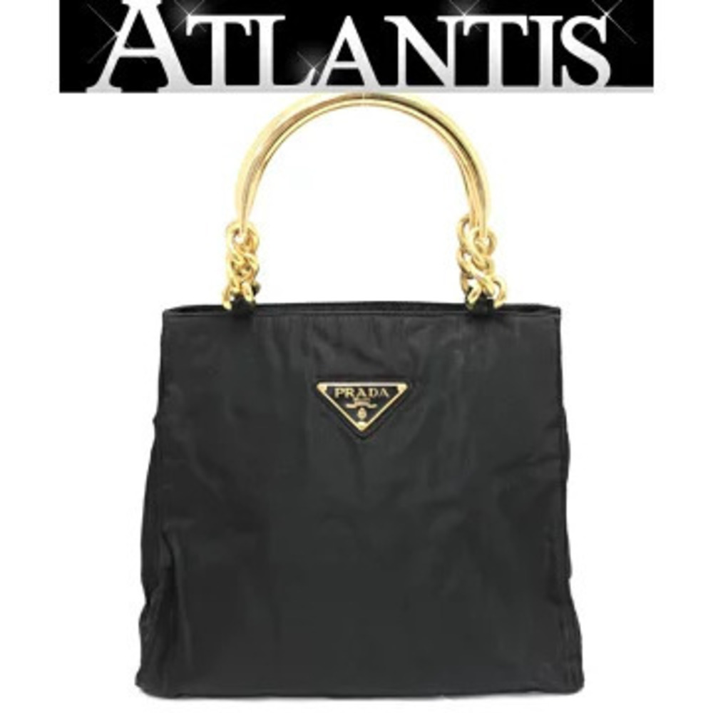 Prada Triangle Logo Handbag Tote Bag Metal Handle Black